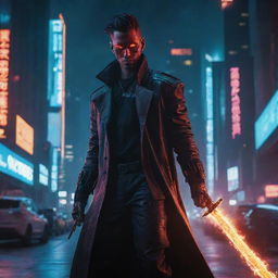 Create a striking image of a cyberpunk character wielding a fire-blade sword