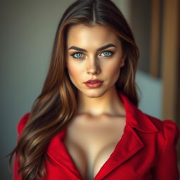 A striking 20-year-old woman with a bold and provocative expression, dressed in an unconventional red outfit that contrasts her usual attire