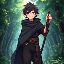 A charming 16-year-old anime boy with dark hair, wearing a flowing black cloak