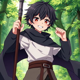 A charming 16-year-old anime boy with dark hair, wearing a flowing black cloak