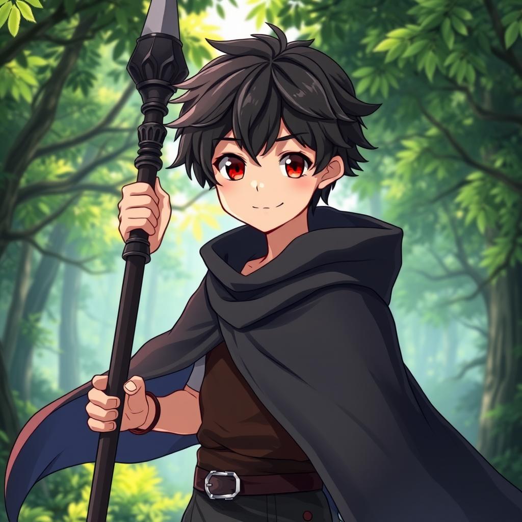 A charming 16-year-old anime boy with dark hair, wearing a flowing black cloak