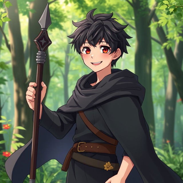 A charming 16-year-old anime boy with dark hair, wearing a flowing black cloak