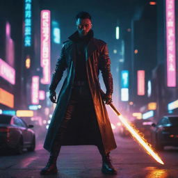 Create a striking image of a cyberpunk character wielding a fire-blade sword