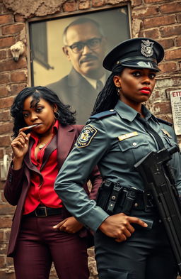 In a gritty urban setting, a powerful scene captures two adult sisters, one dressed like a mafia boss with a stylish suit, smoking a cigarette and visibly carrying a gun, embodying the role of a tough pimp