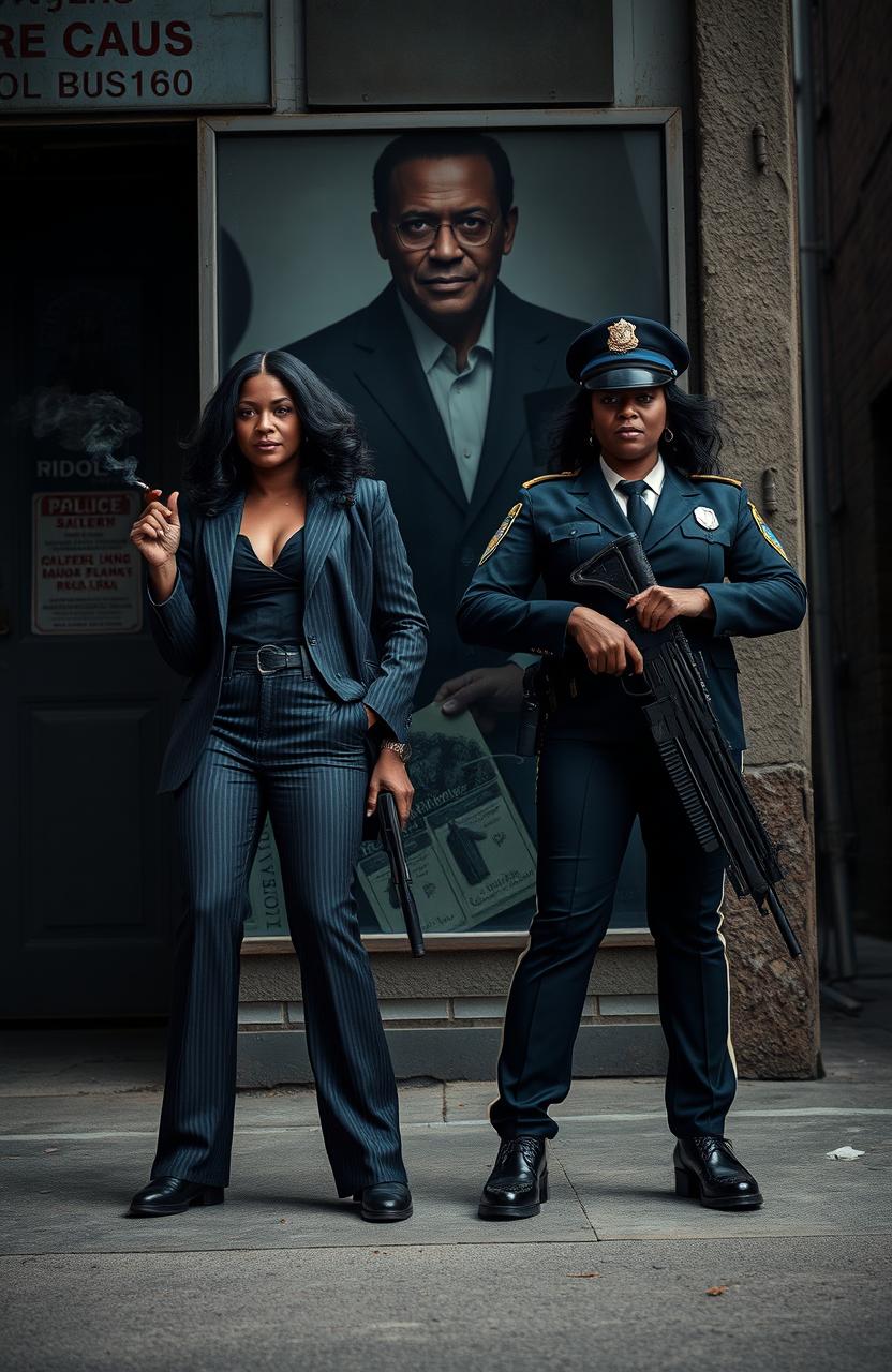 In a gritty urban setting, a powerful scene captures two adult sisters, one dressed like a mafia boss with a stylish suit, smoking a cigarette and visibly carrying a gun, embodying the role of a tough pimp