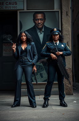 In a gritty urban setting, a powerful scene captures two adult sisters, one dressed like a mafia boss with a stylish suit, smoking a cigarette and visibly carrying a gun, embodying the role of a tough pimp