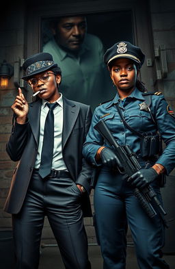 In a gritty urban setting, a powerful scene captures two adult sisters, one dressed like a mafia boss with a stylish suit, smoking a cigarette and visibly carrying a gun, embodying the role of a tough pimp
