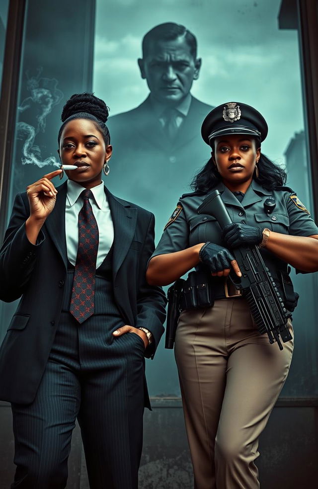 In a gritty urban setting, a powerful scene captures two adult sisters, one dressed like a mafia boss with a stylish suit, smoking a cigarette and visibly carrying a gun, embodying the role of a tough pimp