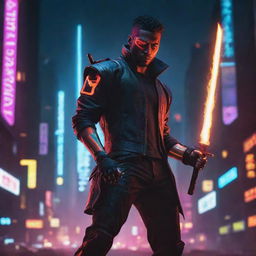 Create a striking image of a cyberpunk character wielding a fire-blade sword