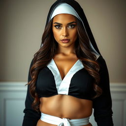 A striking 20-year-old woman dressed in a provocative nun outfit that playfully challenges traditional perceptions