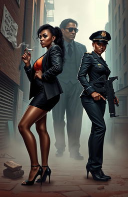 A powerful scene depicting two adult black sisters, embodying their starkly contrasting lifestyles, standing back to back in a gritty urban environment