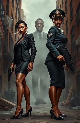 A powerful scene depicting two adult black sisters, embodying their starkly contrasting lifestyles, standing back to back in a gritty urban environment