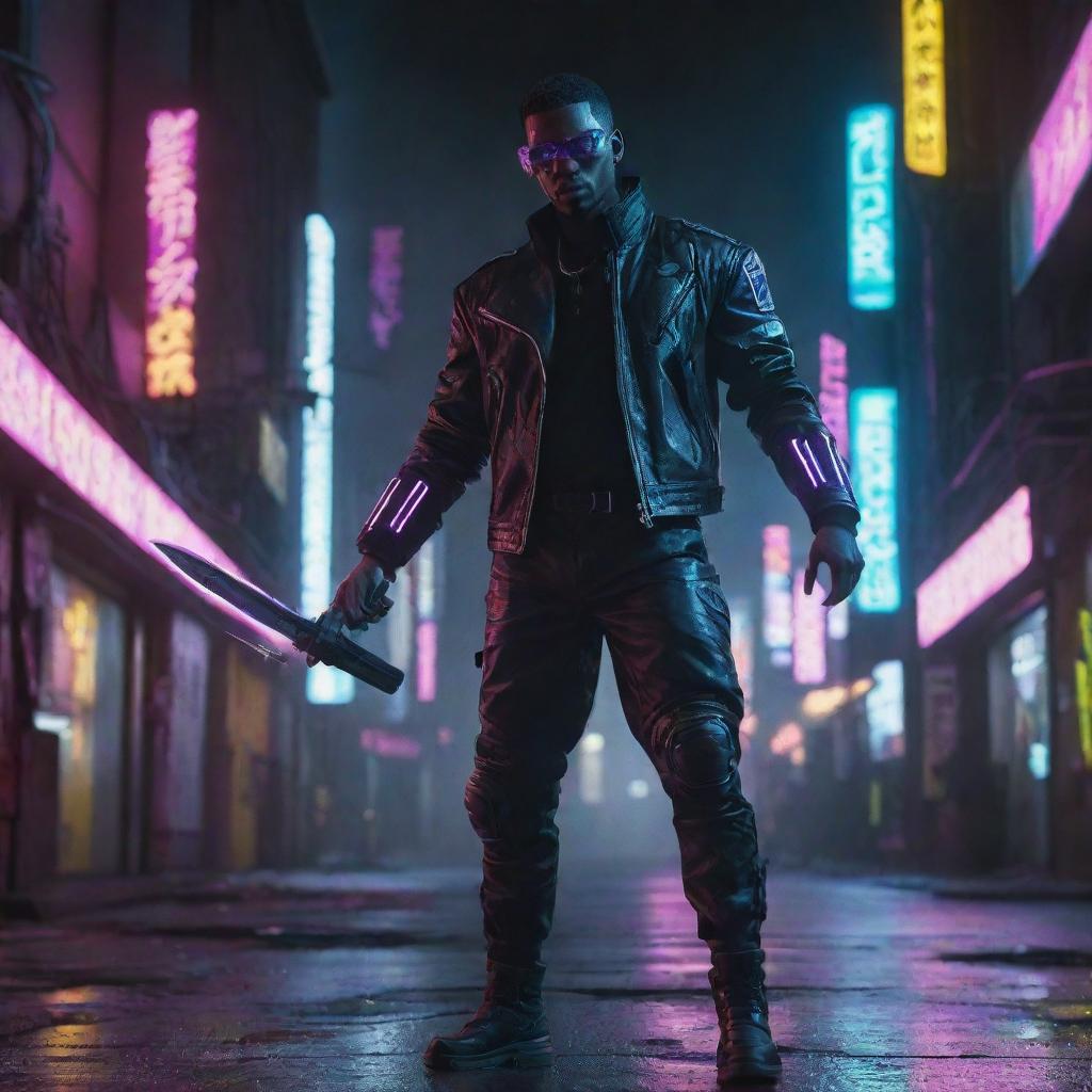Design a captivating image featuring a cyberpunk individual brandishing an electric blade