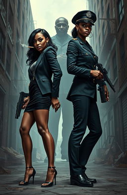 A powerful scene depicting two adult black sisters, embodying their starkly contrasting lifestyles, standing back to back in a gritty urban environment