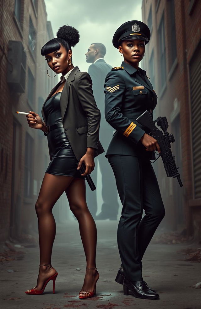 A powerful scene depicting two adult black sisters, embodying their starkly contrasting lifestyles, standing back to back in a gritty urban environment