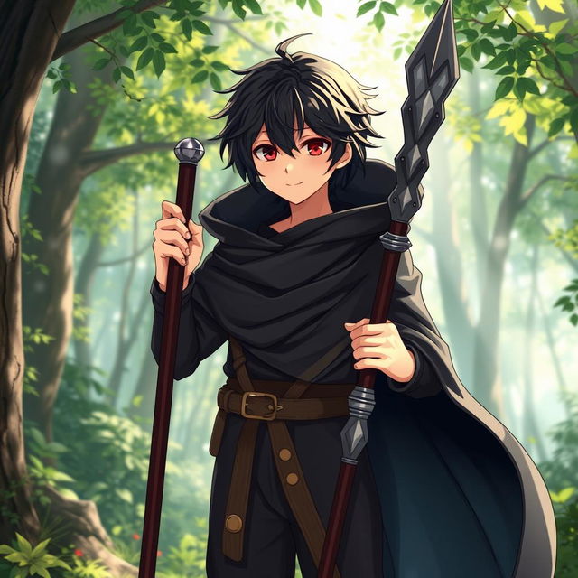 A full body photo of a charming 16-year-old anime boy with dark hair, wearing a flowing black cloak