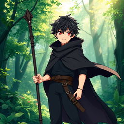 A full body photo of a charming 16-year-old anime boy with dark hair, wearing a flowing black cloak