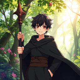 A full body photo of a charming 16-year-old anime boy with dark hair, wearing a flowing black cloak