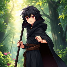 A full body photo of a charming 16-year-old anime boy with dark hair, wearing a flowing black cloak