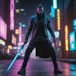 Design a captivating image featuring a cyberpunk individual brandishing an electric blade