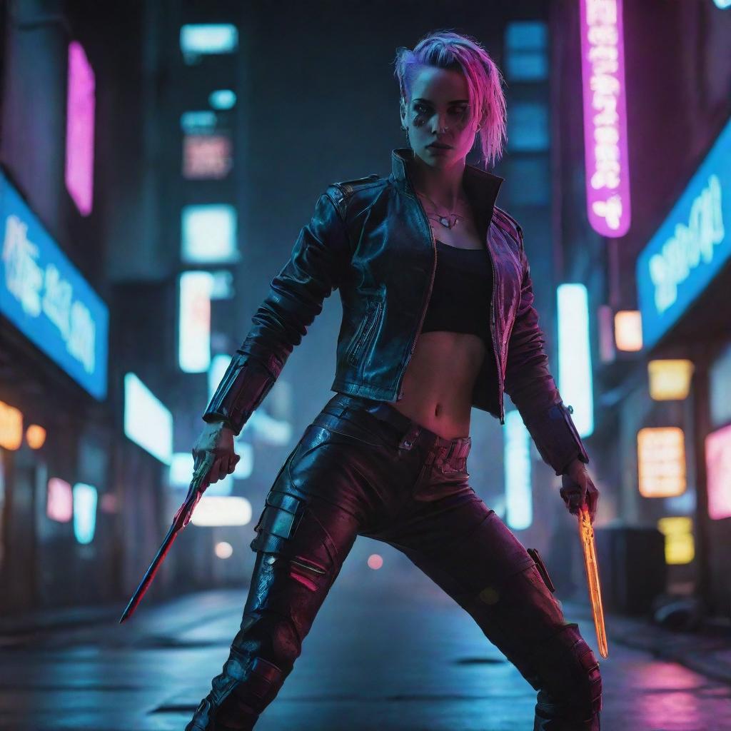 Design a captivating image featuring a cyberpunk individual brandishing an electric blade