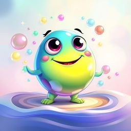 An imaginative scene of a whimsical character simply named 'Gulp', depicted as a vibrant, rounded creature with large, expressive eyes and a big, friendly smile