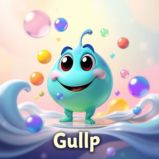 An imaginative scene of a whimsical character simply named 'Gulp', depicted as a vibrant, rounded creature with large, expressive eyes and a big, friendly smile