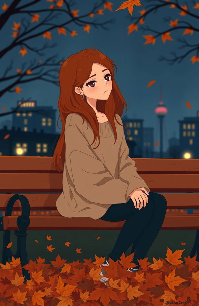 A poignant illustration of a young woman sitting on a park bench, with a distant and melancholic expression, surrounded by autumn leaves