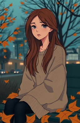 A poignant illustration of a young woman sitting on a park bench, with a distant and melancholic expression, surrounded by autumn leaves