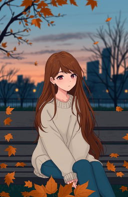 A poignant illustration of a young woman sitting on a park bench, with a distant and melancholic expression, surrounded by autumn leaves