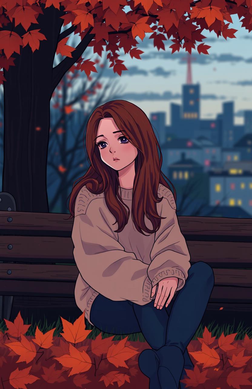 A poignant illustration of a young woman sitting on a park bench, with a distant and melancholic expression, surrounded by autumn leaves