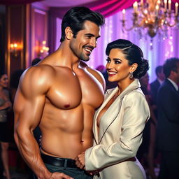 A realistic, muscular portrayal of Henry Cavill, showcasing his toned physique and strong features, standing confidently alongside Kris Jenner, who is dressed in a fashionable, chic outfit