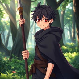 A head-to-toe image of a charming 16-year-old anime boy with dark hair, adorned in a flowing black cloak