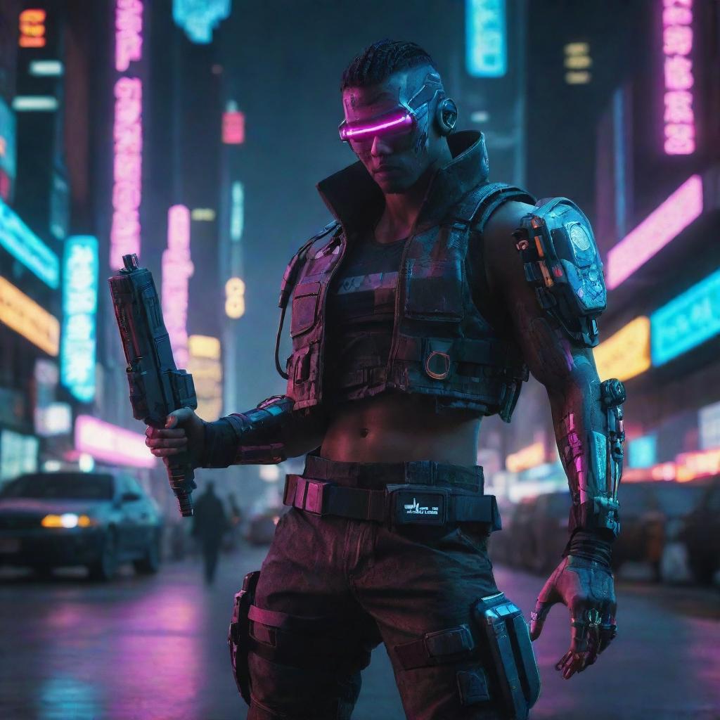 Generate a powerful image showcasing a unique, hi-tech weapon wielded by a cyberpunk character