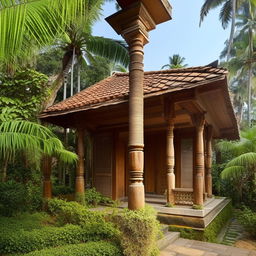 Generate an image of a traditional Kerala house exterior, characterized by sloping roofs, wooden sand-toned pillars, lush tropical landscaping, and intricate craftsmanship.