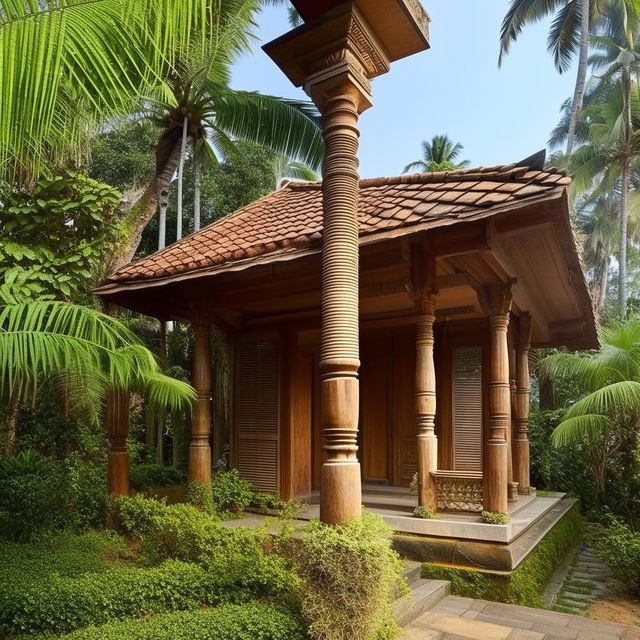 Generate an image of a traditional Kerala house exterior, characterized by sloping roofs, wooden sand-toned pillars, lush tropical landscaping, and intricate craftsmanship.