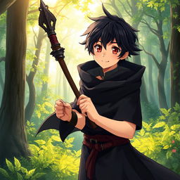 A head-to-toe image of a charming 16-year-old anime boy with dark hair, adorned in a flowing black cloak