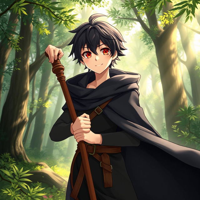 A head-to-toe image of a charming 16-year-old anime boy with dark hair, adorned in a flowing black cloak