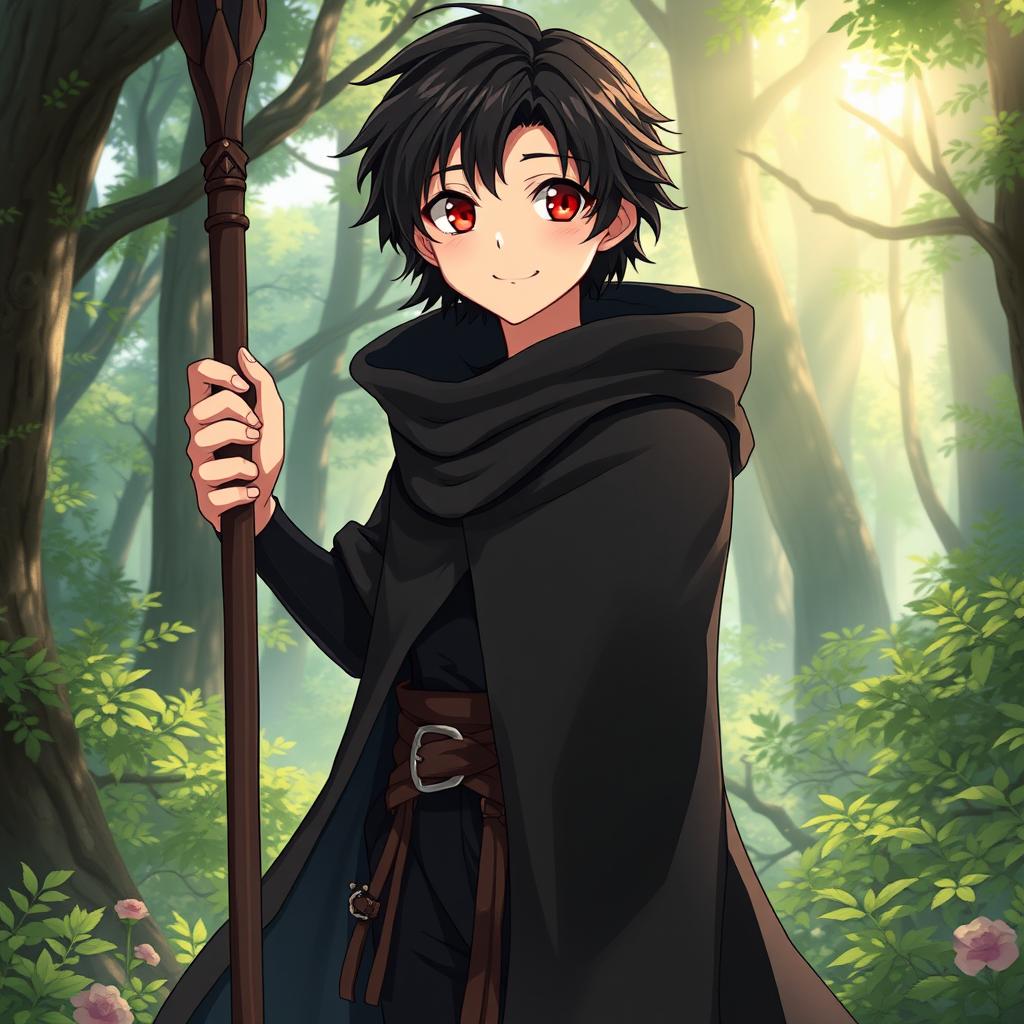 A head-to-toe image of a charming 16-year-old anime boy with dark hair, adorned in a flowing black cloak