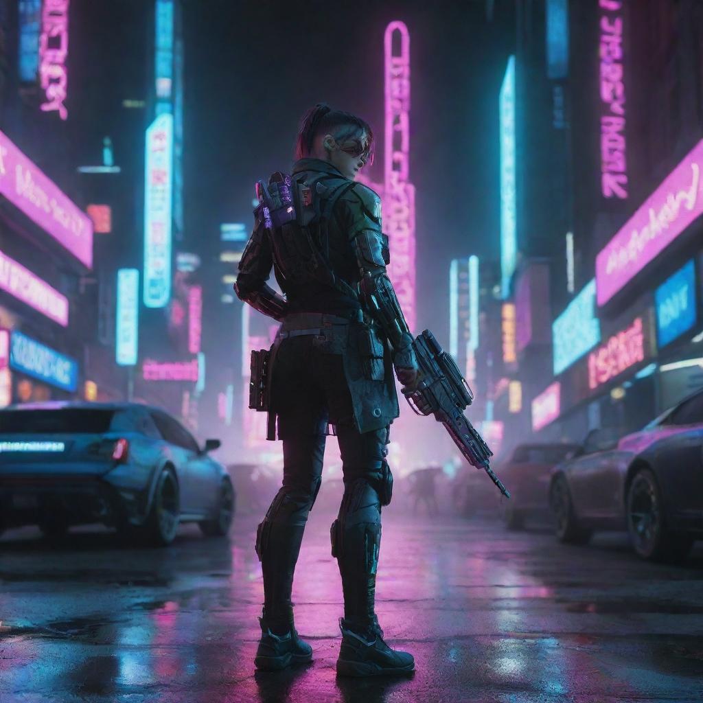 Generate a powerful image showcasing a unique, hi-tech weapon wielded by a cyberpunk character