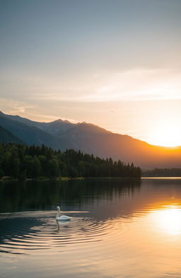 A serene landscape during sunset with a golden sky reflecting in a calm lake, surrounded by lush green forests and majestic mountains in the background