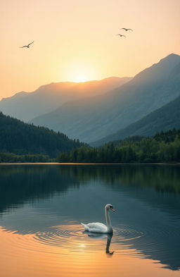 A serene landscape during sunset with a golden sky reflecting in a calm lake, surrounded by lush green forests and majestic mountains in the background