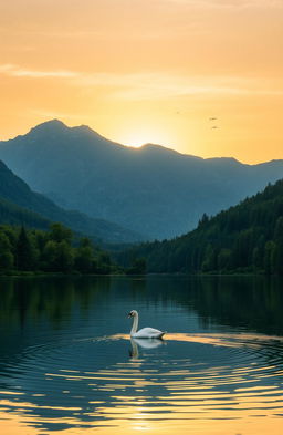 A serene landscape during sunset with a golden sky reflecting in a calm lake, surrounded by lush green forests and majestic mountains in the background