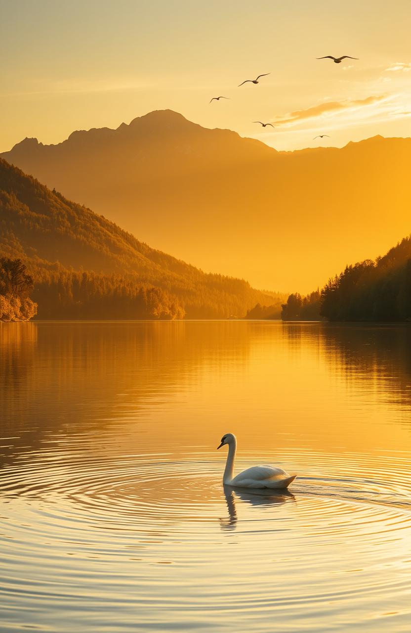 A serene landscape during sunset with a golden sky reflecting in a calm lake, surrounded by lush green forests and majestic mountains in the background