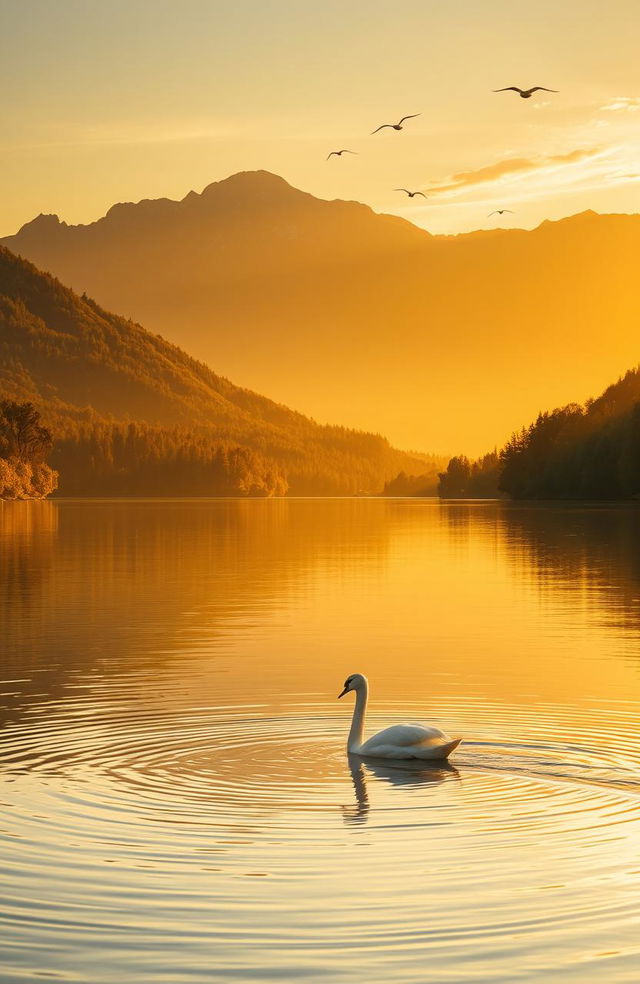 A serene landscape during sunset with a golden sky reflecting in a calm lake, surrounded by lush green forests and majestic mountains in the background