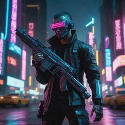 Generate a powerful image showcasing a unique, hi-tech weapon wielded by a cyberpunk character