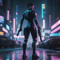 Generate a powerful image showcasing a unique, hi-tech weapon wielded by a cyberpunk character