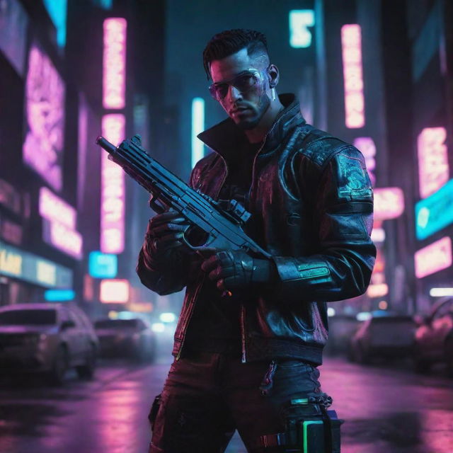 Create a dynamic image of a cyberpunk character holding a futuristic gun