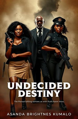 A dramatic scene depicting two adult sisters, one dressed as a mafia-style pimp in a small skirt, smoking and carrying a gun, while the other is a determined police captain also armed with a gun
