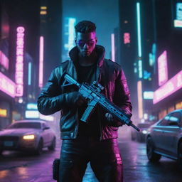 Create a dynamic image of a cyberpunk character holding a futuristic gun